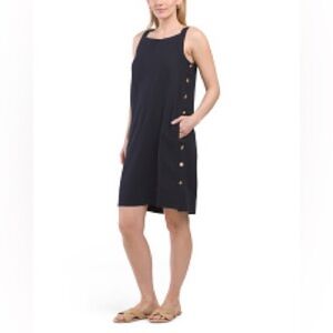 For Cynthia Navy Linen Blend Tank shift dress pockets M